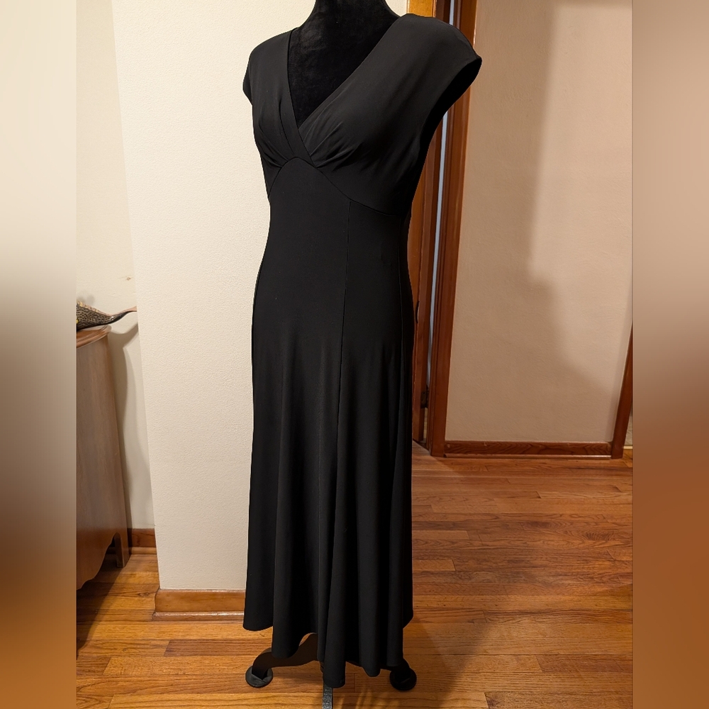 Jones NY Black Vamp Flare Midi Pleat Cap Sleeve Dress